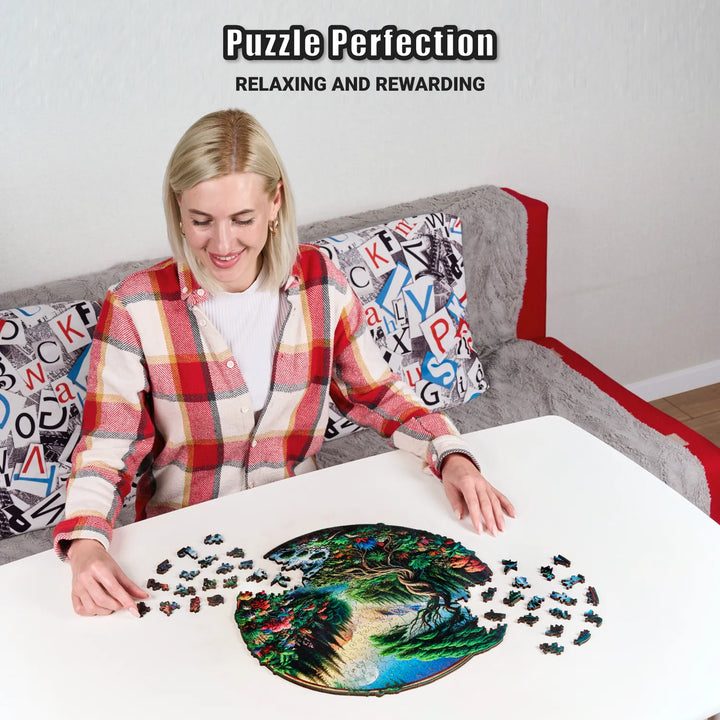 Woman assembling large wooden puzzle with wood-cut scenic pieces and peaceful mountain view