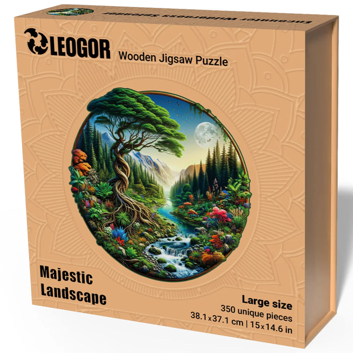 LEOGOR 350-piece wooden puzzle box for Majestic Landscape with nature art and mandala wood lid