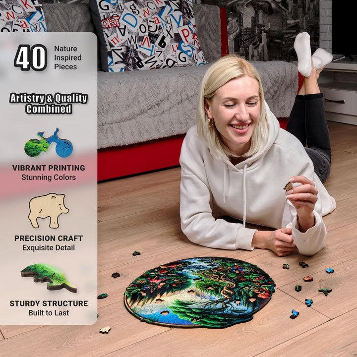350-piece round wood puzzle in progress, woman relaxing with nature-themed wooden cut pieces