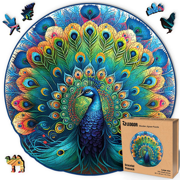 Challenging 350-piece Graceful Peacock puzzle with animal shapes and vivid colors, great for adults