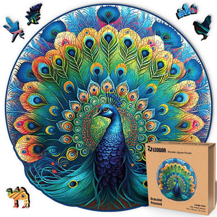 Challenging 350-piece Graceful Peacock puzzle with animal shapes and vivid colors, great for adults