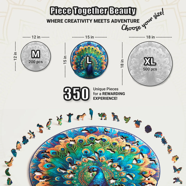 Graceful Peacock 350-piece puzzle, 15x15 in round jigsaw with shaped pieces, fun challenge gift