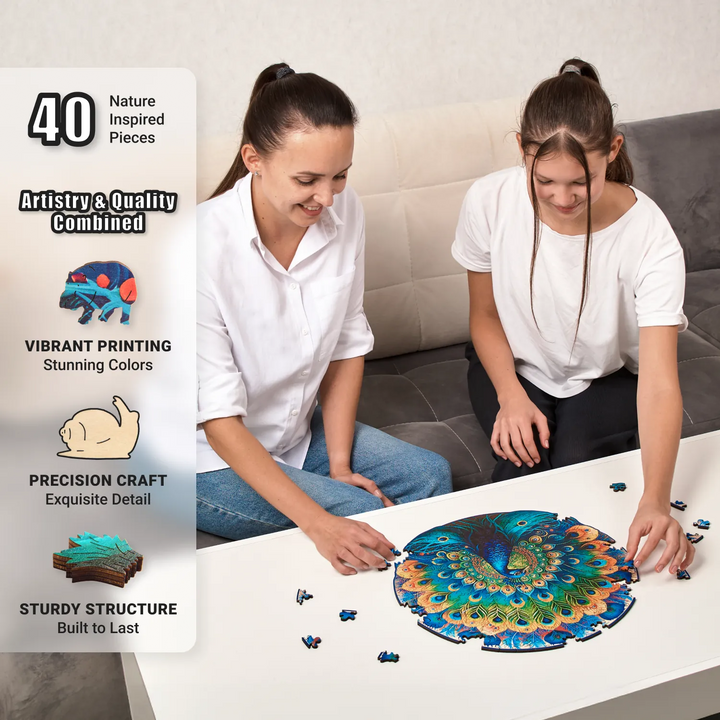 Mother and daughter enjoying 350-piece Graceful Peacock puzzle, vibrant colors, family puzzle time