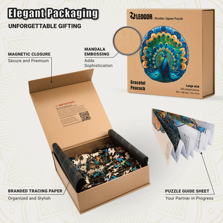 Graceful Peacock 350-piece puzzle box with magnetic closure, embossing, and guide sheet, premium