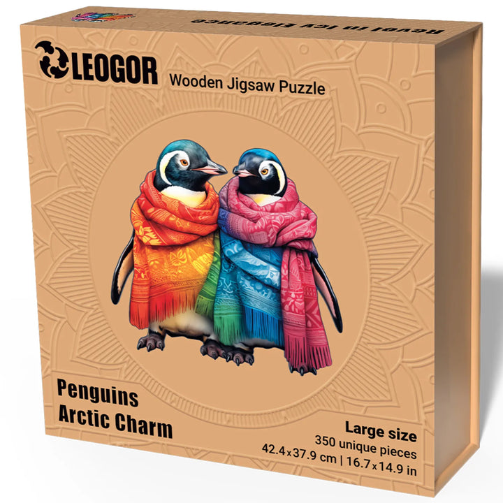 LEOGOR box with two colorful penguins in scarves, 350-piece puzzle label and mandala embossing
