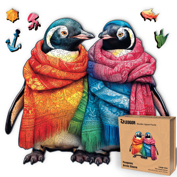 350-piece Penguins Arctic Charm puzzle with fantasy scarf artwork and nature-shaped wood pieces