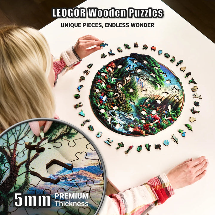 Close-up of wood puzzle pieces with 5mm thickness, showing mountain terrain and forest artwork