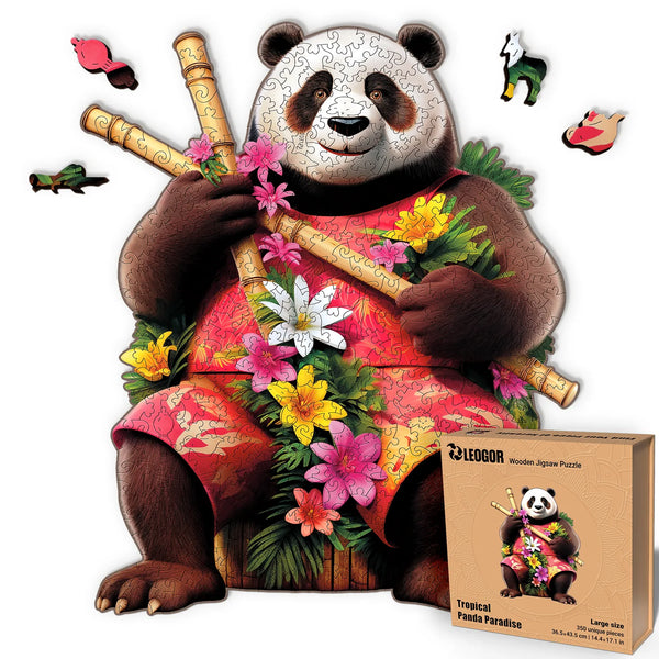 Panda Paradise large wood puzzle, 350-piece round jigsaw with vivid colors and whimsy cuts