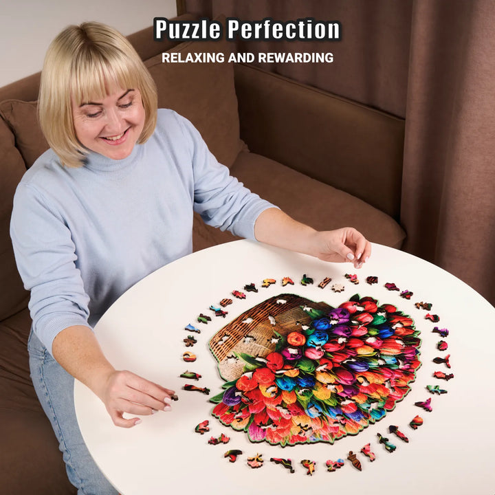 Woman building 350-piece Flower puzzle at table, surrounded by flower whimsy pieces and vibrant art