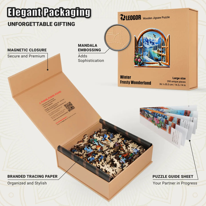 Gift-ready wooden box for 350-piece puzzle with magnet lid, guide, and winter scene pieces
