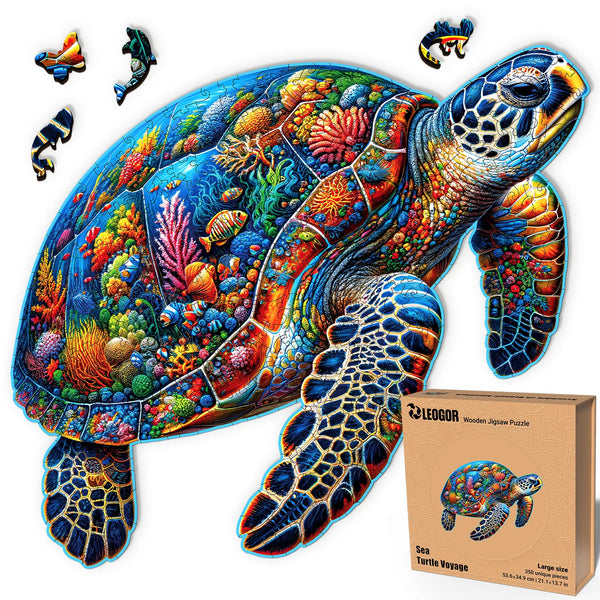 Sea Turtle Voyage 350-piece puzzle with marine whimsy pieces and coral reef art, fun for adults