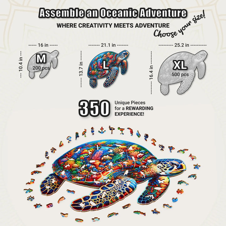 Puzzle size chart showing 350-piece Sea Turtle with reef theme and ocean whimsy puzzle pieces
