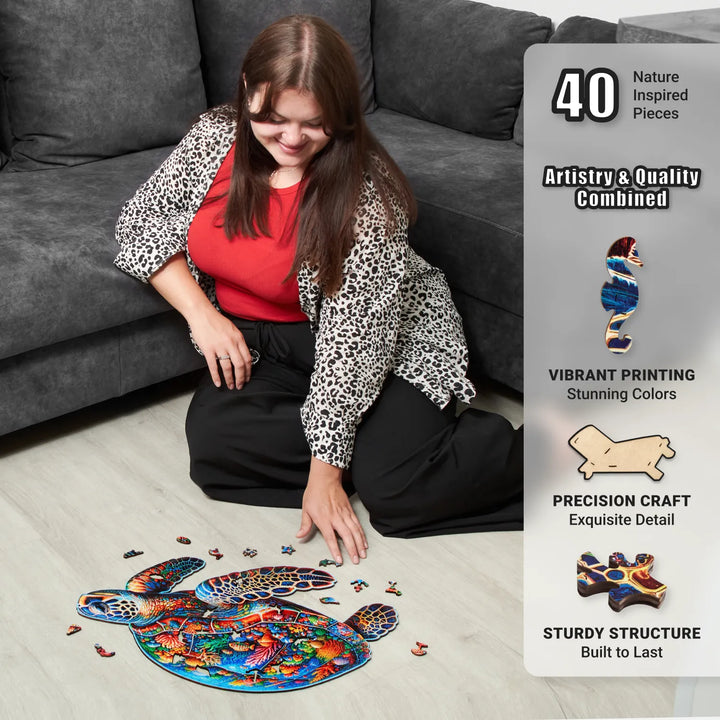 Partially done Sea Turtle puzzle with coral art, whimsy cuts, and durable thick wood, mindful fun