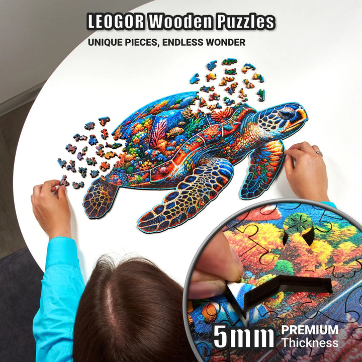 Sea Turtle puzzle with 5mm wood pieces, vivid ocean scene, and marine shapes, relaxing puzzle