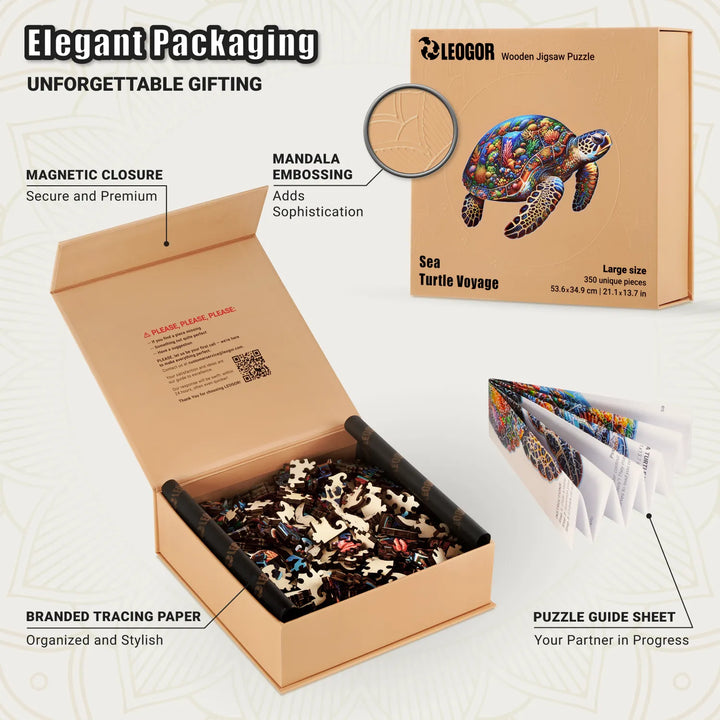 Sea Turtle Voyage box with tracing paper, magnet closure, and guide sheet, ideal gift package