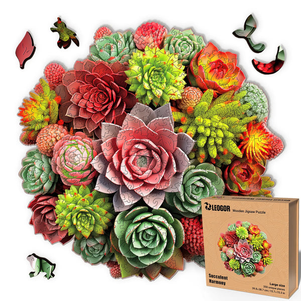 Completed Succulent Harmony puzzle in L size with rich floral detail and whimsical puzzle cuts