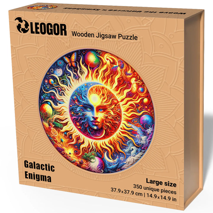 LEOGOR 350-piece wood puzzle box with sun-moon design, cosmic feel, and premium woodwork