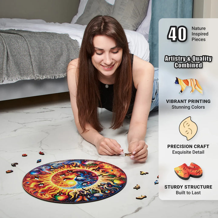 350-piece puzzle in progress on table with starry colors and wood whimsy around the edge