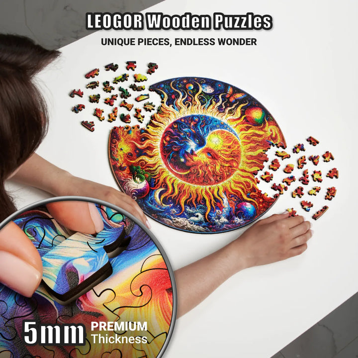 Close-up of thick wood puzzle piece in galaxy puzzle, highlighting radiant cosmic details