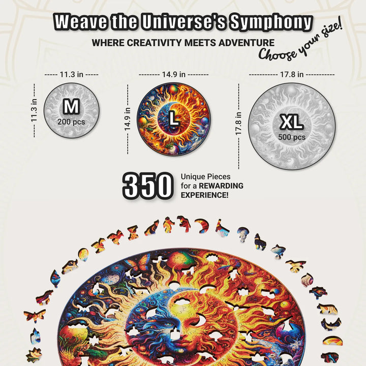 Galactic Enigma L puzzle in size chart, round wood jigsaw with sun-moon center and stars