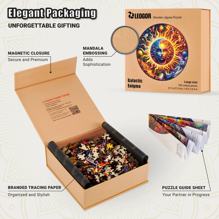 Elegant puzzle box with wood pieces, magnet lid, folded guide sheet, and tracing paper