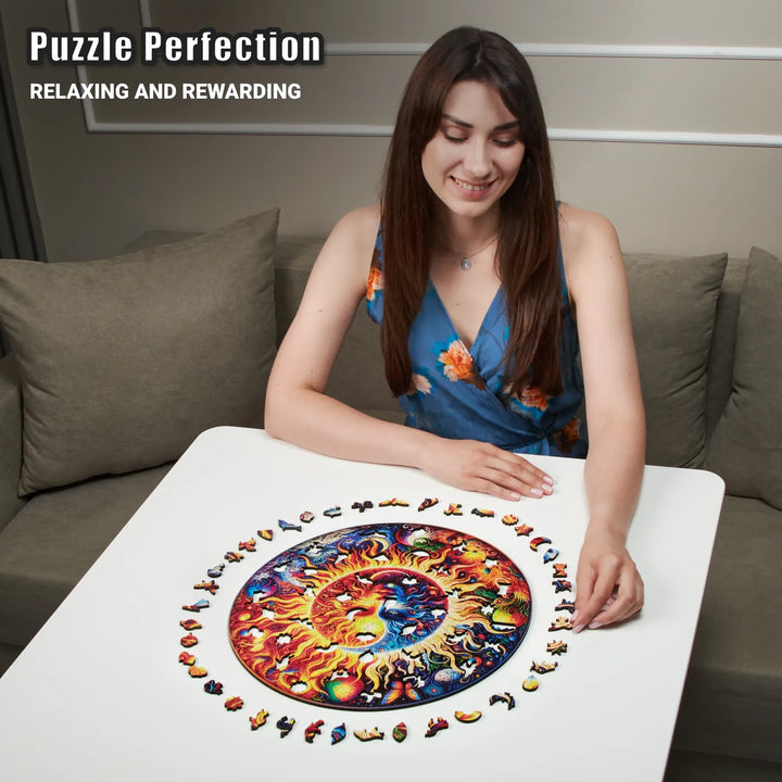 Woman assembling 350-piece wooden puzzle with galaxy tones and detailed wood-shaped pieces