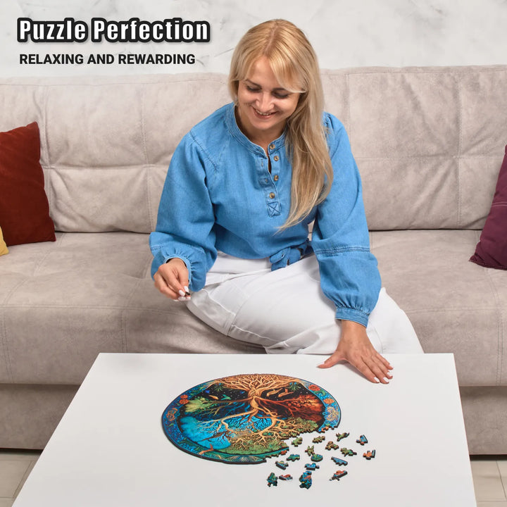 Woman assembling 350-piece Tree of Life wooden puzzle with animal shapes, relaxing and mindful