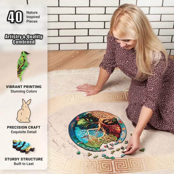 Woman solving 350-piece Tree of Life puzzle with bright colors and animal shapes, creative fun