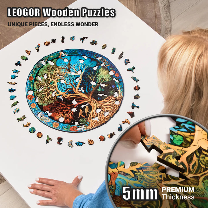 Tree of Life 350-piece puzzle in progress with 5mm wood pieces and precision-cut shapes, durable