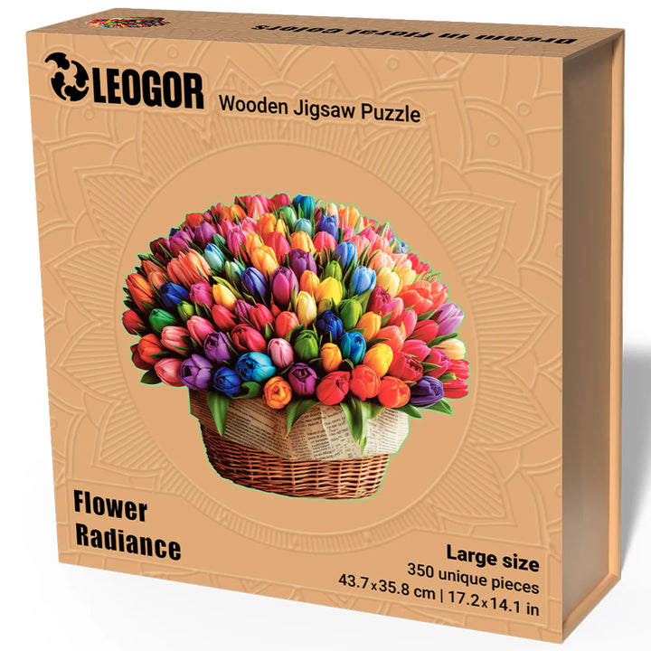 LEOGOR 350-piece Flower Radiance puzzle box with colorful tulip bouquet and elegant embossed finish