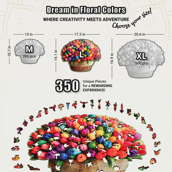 Size comparison chart showing 350-piece tulip puzzle surrounded by nature-inspired whimsy shapes