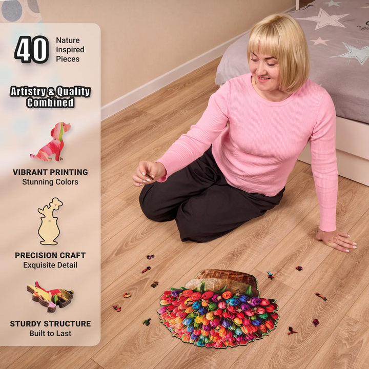 Woman on floor assembling 350-pcs floral puzzle, highlighting puzzle quality and calm puzzling vibes