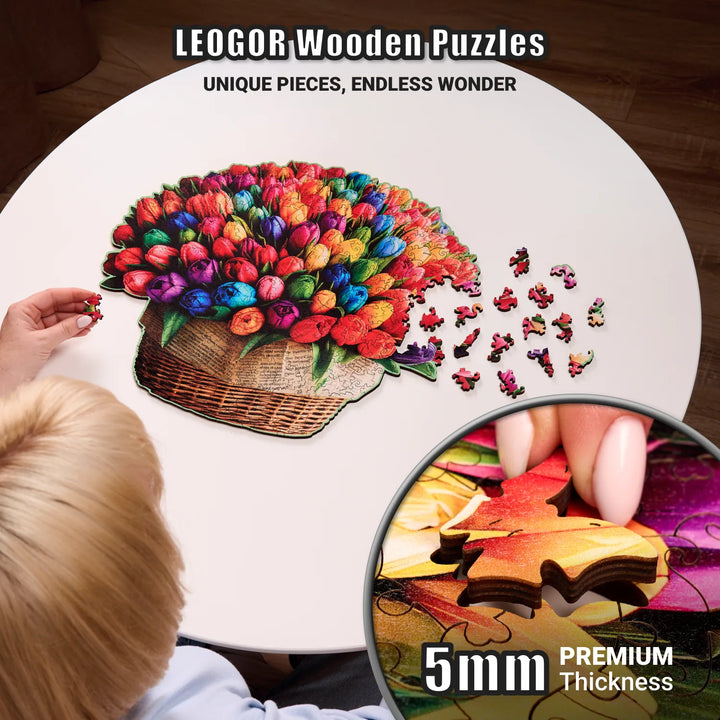 Colorful 350-pcs tulip puzzle in progress, with 5mm thick wood and radiant floral basket details