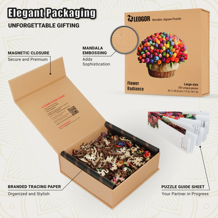 Elegant 350-pcs tulip puzzle box with magnetic lid, and guide sheet—perfect for gifting