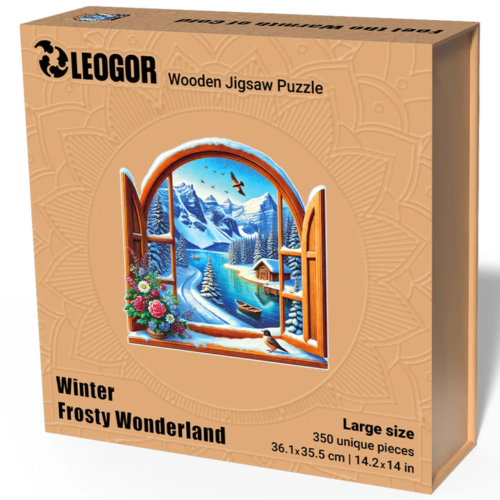 LEOGOR winter puzzle box, 350-piece version with holiday art and embossed wood packaging