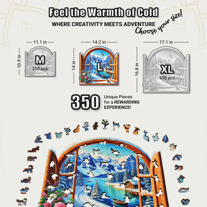 Size chart showing 350-piece wood puzzle in L size with festive forest art and cut shapes