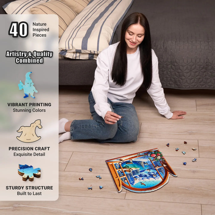 Floor puzzle session with 350-piece snowy puzzle and winter animal-shaped wood pieces