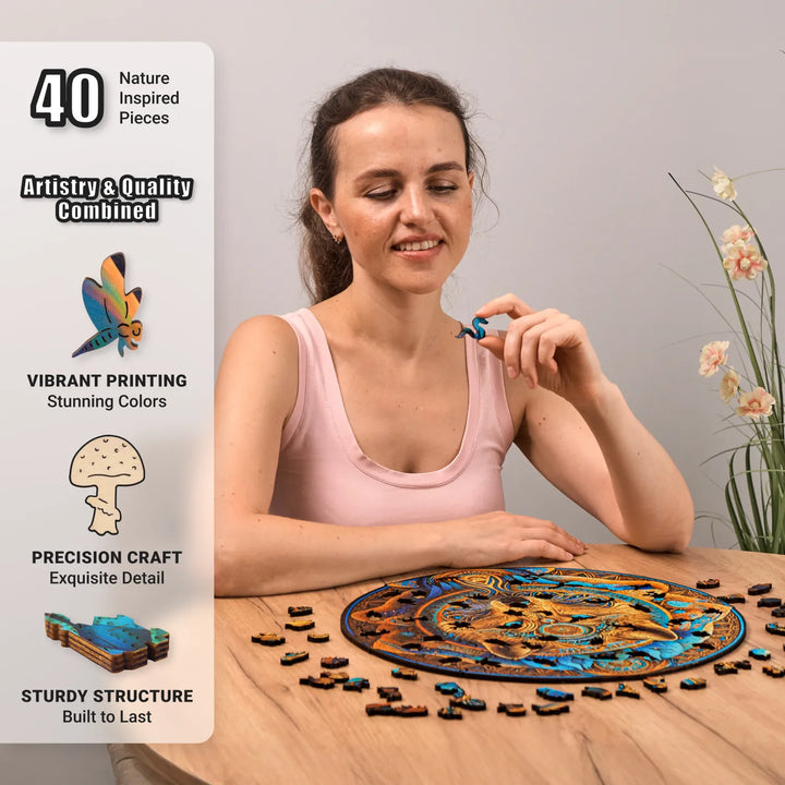 Wolf Enchantment 350-piece puzzle with animal shapes, vivid colors, and durable wooden pieces