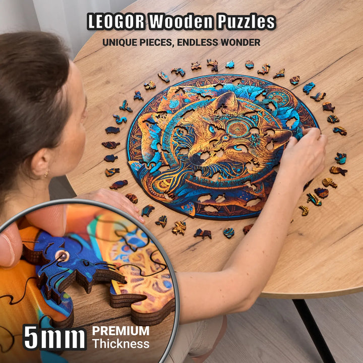 Wolf Enchantment 350-piece puzzle with 5mm wood cuts, vibrant design, and whimsical shaped pieces