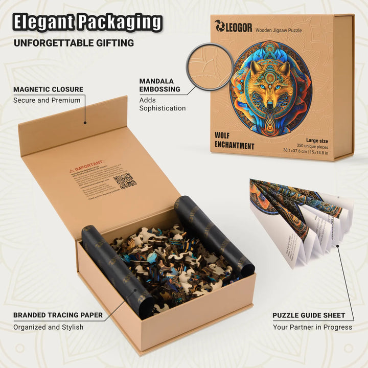 Wolf Enchantment puzzle box with magnetic closure, embossing, and tracing paper, gift-ready look