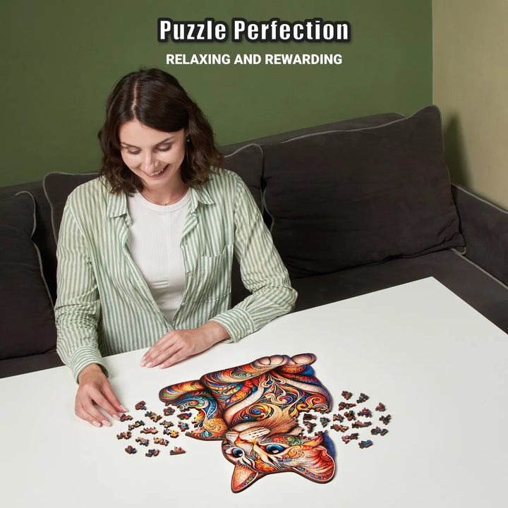 Woman working on 350-piece cat puzzle with nature whimsy cuts and bold feline design, relaxing