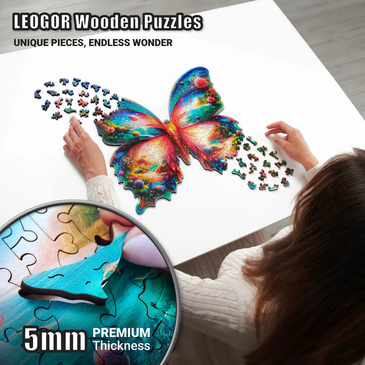 Puzzle in progress on table, 5mm wood pieces and vivid butterfly pattern, mindful and artistic build