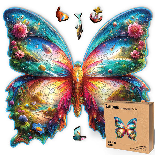 Butterfly Oasis 350-pcs wood puzzle with fantasy wings and floral colors, great challenge for adults