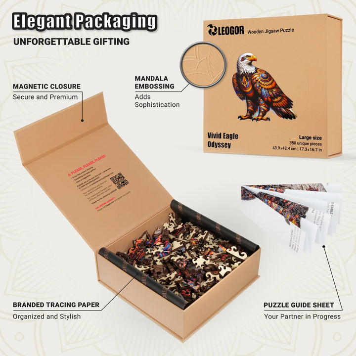 Eagle Odyssey box with tracing paper, embossed lid, and guide sheet, perfect gift presentation