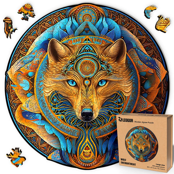 Challenging 350-piece Wolf Enchantment puzzle with shaped pieces, vibrant colors, and adult gift