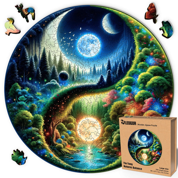 Yin Yang nature-inspired wooden puzzle with detailed day and night scenes, 350-pcs version by LEOGOR