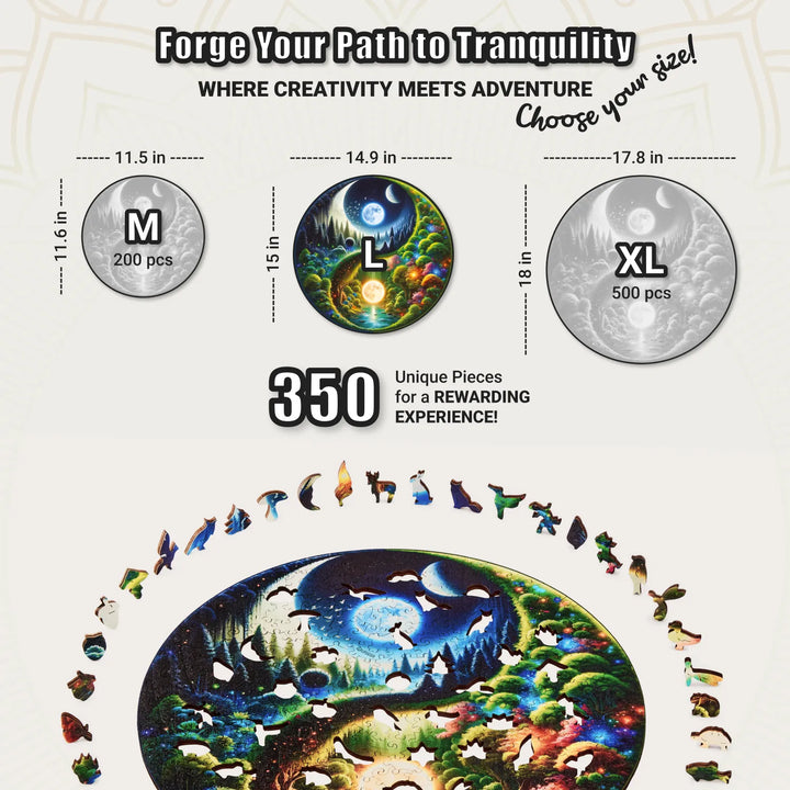LEOGOR puzzle size comparison featuring the 350-piece Yin Yang puzzle and whimsical themed pieces