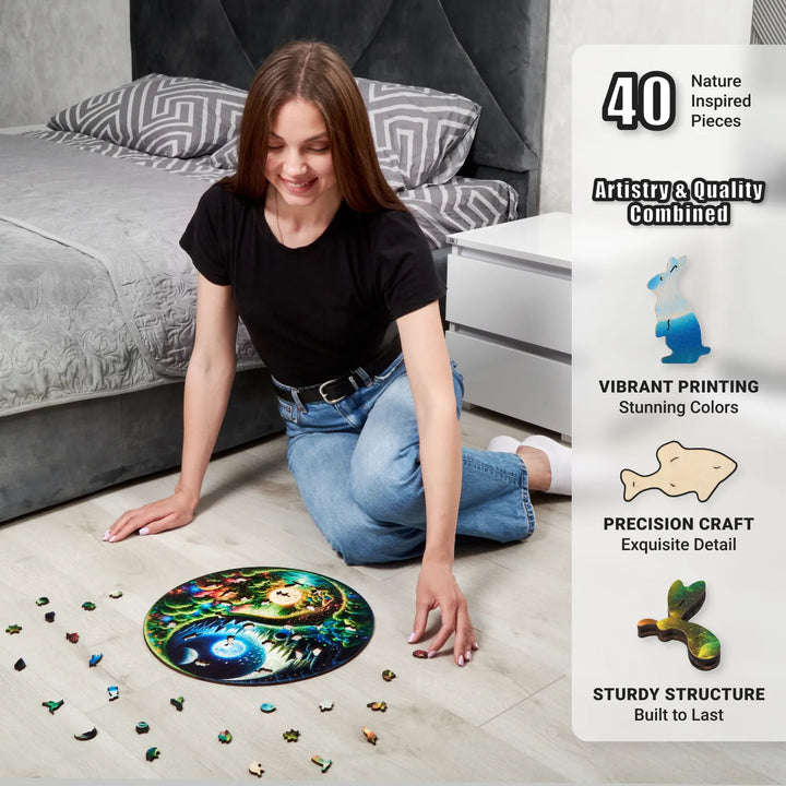 Joyful puzzling moment with the 350-piece Yin Yang puzzle, assembled on the floor in a cozy setting