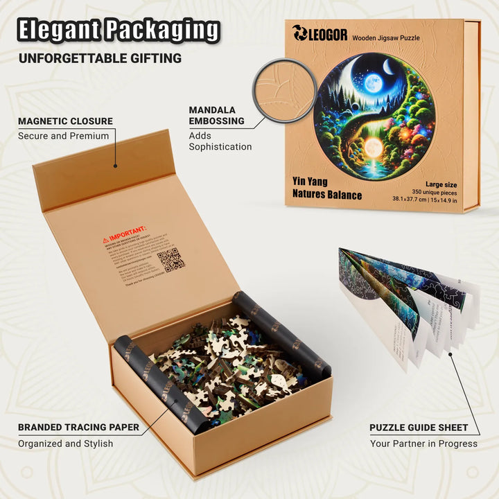 350-piece version of Yin Yang puzzle featuring stylish packaging with magnetic lid and puzzle guide