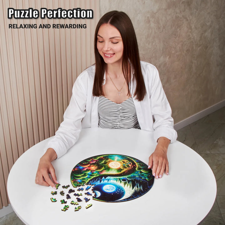 Relaxed woman working on a 350-piece Yin Yang circular puzzle by LEOGOR on a tabletop